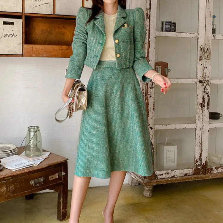 

Winter Two Piece Suits Runway Women Green Woollen Tweed Notched Collar Blazer Coat + High Waist Big Swing Midi Skirt Set