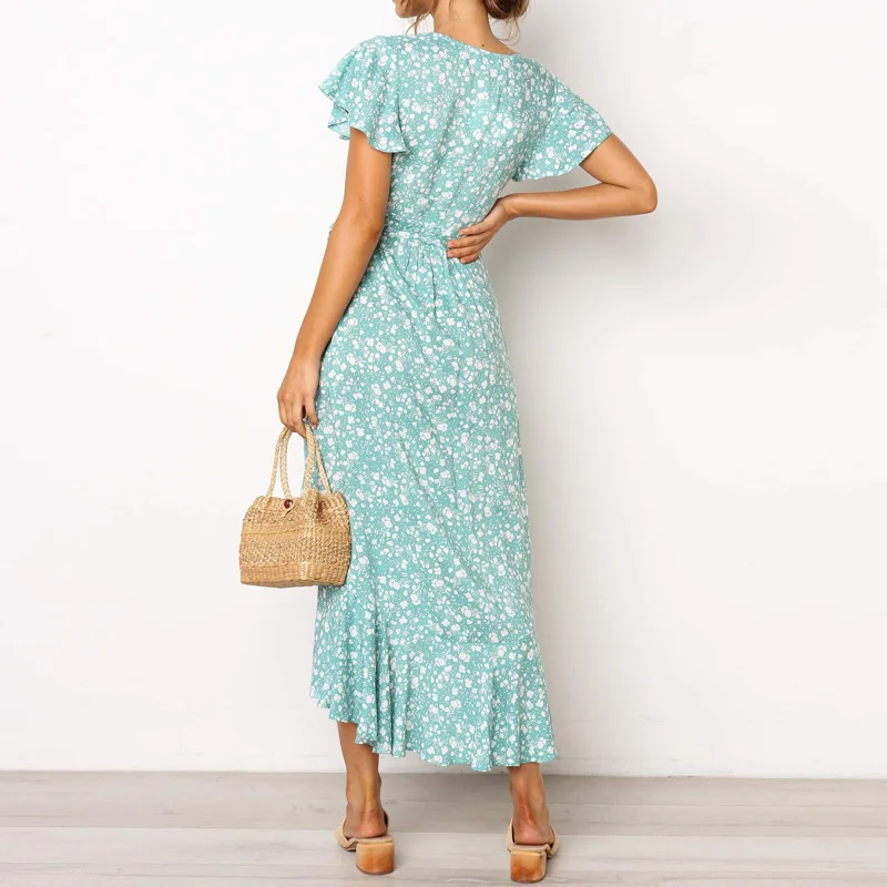 

Long Dress 2020 Women Summer Short Sleeve Boho Beach Dress V Neck Sundress Ruffles Dresses Ladies Holiday Party Dress Robe