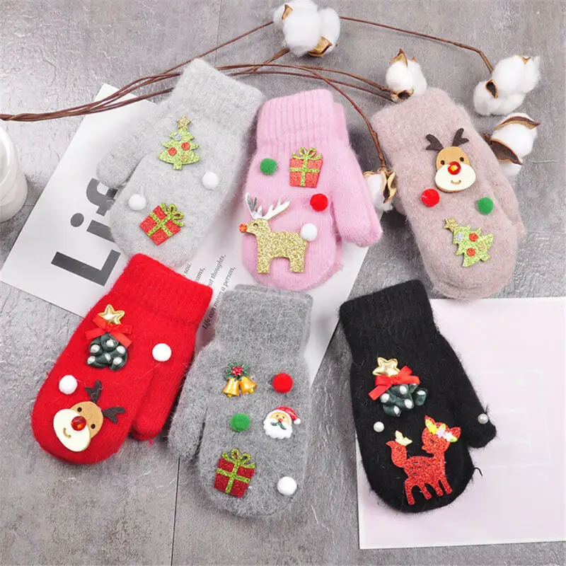 Xmas Baby Kids Goves Boys Girls Cartoon Elk Wool Plain Fleece Mittens Toddler Winter Gloves Warm Christmas New Year Gifts 3-10Y |