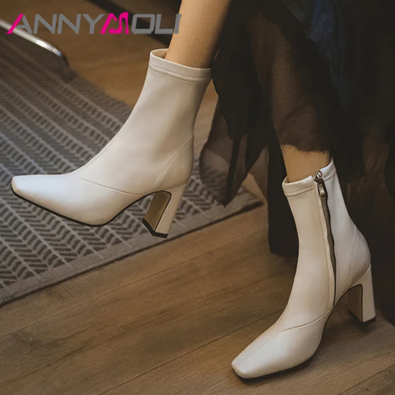 

ANNYMOLI Real Leather High Heel Mid-Calf Boots Women Shoes Square Toe Thick Heels Zip Boots Ladies Autumn Winter Black Size 40