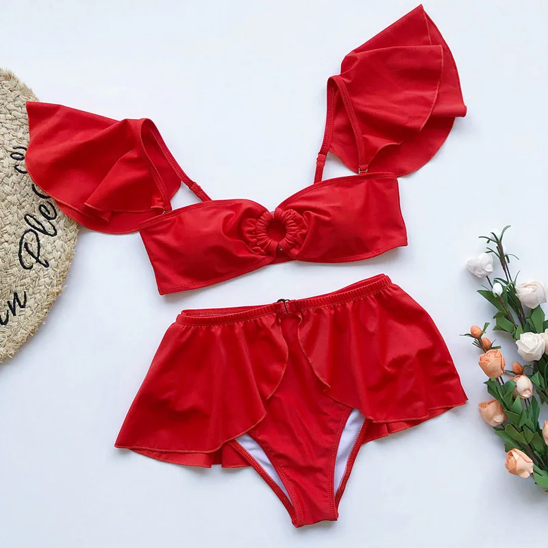 

2020 Sexy Ruffle High Waist Bikini Set Three Pieces Swimsuit Women Push Up Bandeau Swimwear Print Biquini Bathing Suit Female