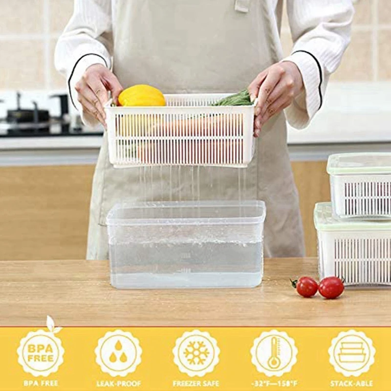 

3 Pcs Refrigerator Organizer Bins & 2 Pcs Storage Box Clear Fruit Vegetable Drain Containers