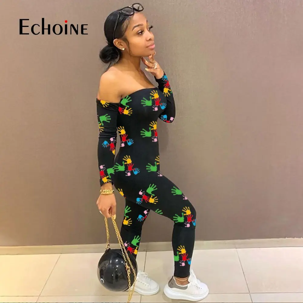 

Echoine New Women Off Shoulder Exquisite print Skin Long Sleeve Jumpsuit Romper Tops Female Sexy Sheath Clubwear 2pcs Outfits