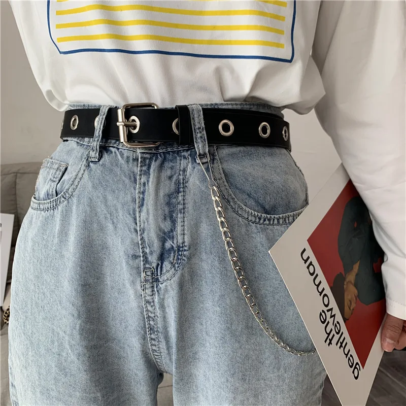 

Women's Leather Belt Punk Chain Adjustable Single Row Hole Pin Buckle Waist Belts Jeans Cinturones Decorative Belt With Eyelets