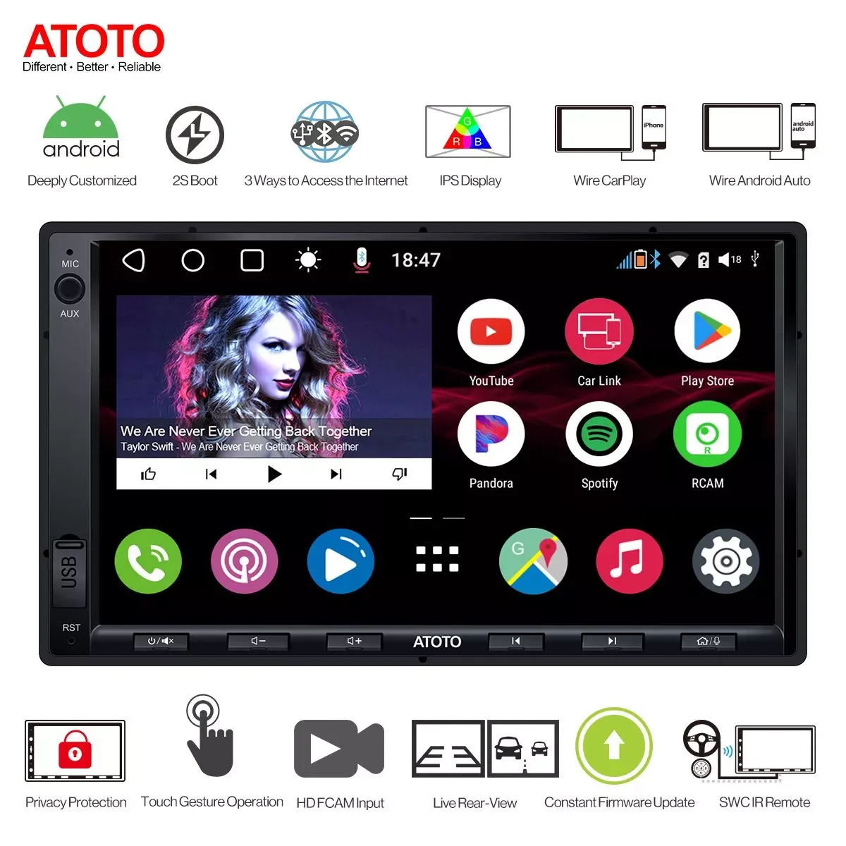 

ATOTO AE-A6G2A7KL-X 2 din 7 Inch Wireless WiFi Bluetooth Android Car Multimedia Video Players Auto Radio Support Gesture Control