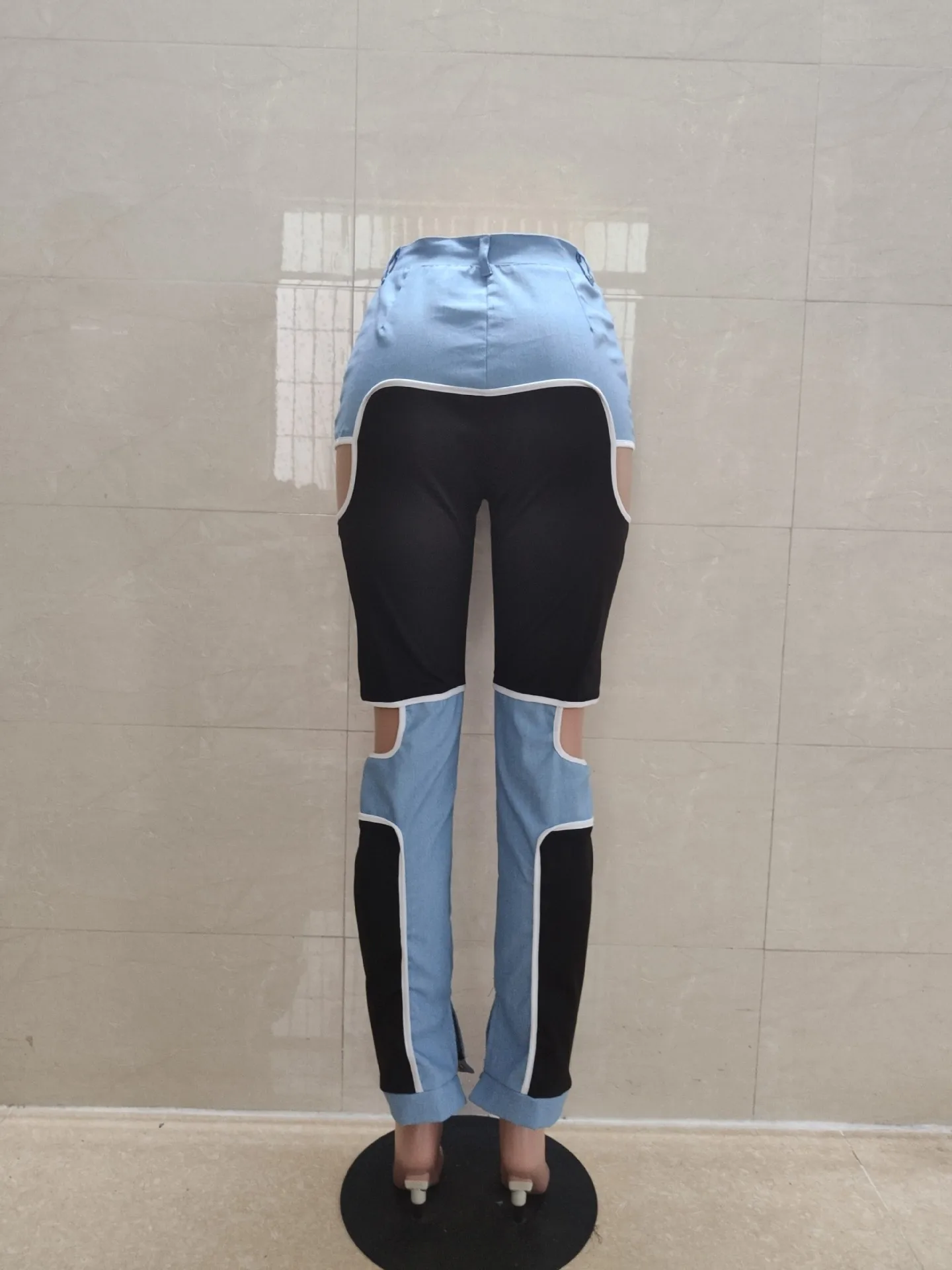 

HAOOHU women summer hole high waist casual zipper pencil jeans Patchwork splicing denim fashion pants