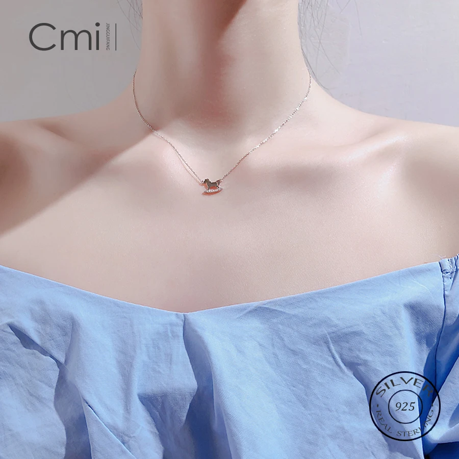 Real 925 Sterling Silver Zircon Horse Choker Pendant Necklace For Fashion Women Party Fine Jewelry Cute Accessories Gift | Украшения и