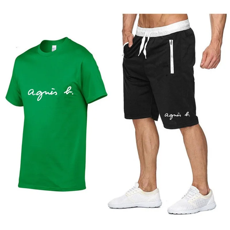 

2021 Men's Summer Solid color T-Shirt+Pants Two Pieces Casual Tracksuit Male Sportswear Gym cotton women's Clothing Sweat Suit