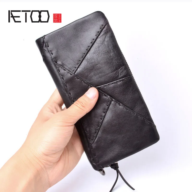 

Оригинальный мужской кошелек AETOO ручной работы, Мужской Ретро кошелек в стиле пэчворк, Кожаный Большой Длинный кошелек на молнии, Мужской ви...