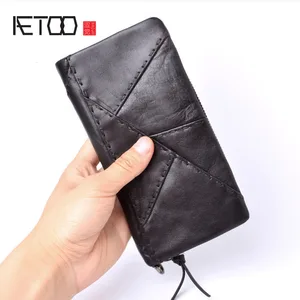 Оригинальный мужской кошелек AETOO ручной работы, Мужской Ретро кошелек в стиле пэчворк, Кожаный Большой Длинный кошелек на молнии, Мужской винтажный кошелек