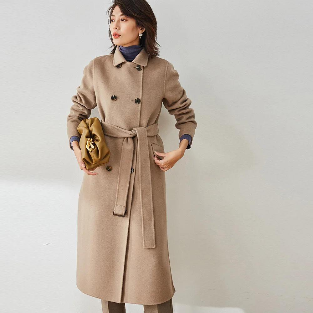 

Женское длинное двубортное пальто, зимнее Двуслойное шерстяное пальто в британском стиле с поясом и Боковым Разрезом, пальто для женщин