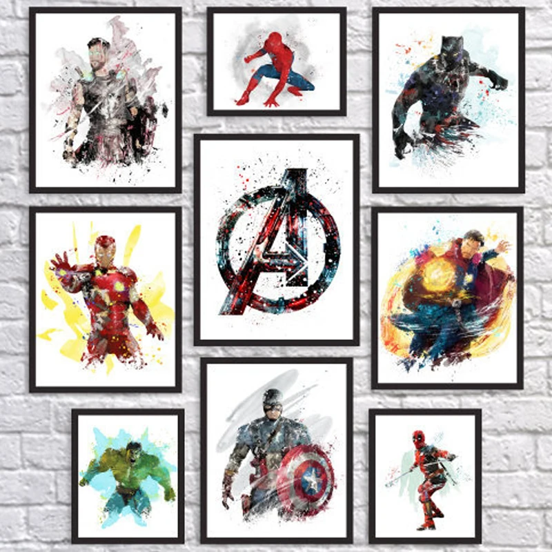 Живопись на холсте Marvel Avengers Watercolor - плакаты и печати супергероев для украшения стен в гостиной дома.