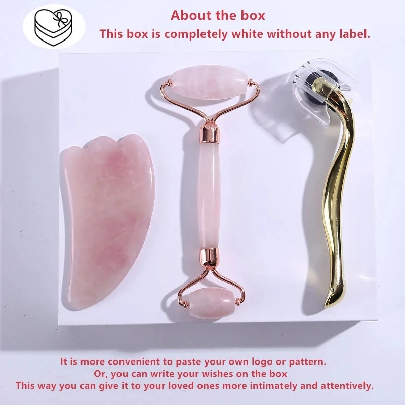 

Rose Quartz Roller Facial Massager Natural Stone Jade Roller Jade Spatula Microneedle Roller Three-piece Beauty Skin Care Tool