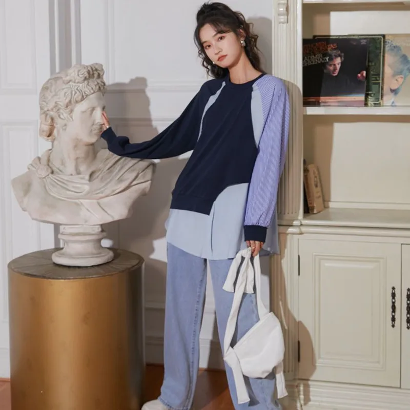 

LANMREM 2021 New Arrivals Asymmetric Fake Two Piece Stitched Striped Mid Long Fall Pullover Loose Top 2T1484