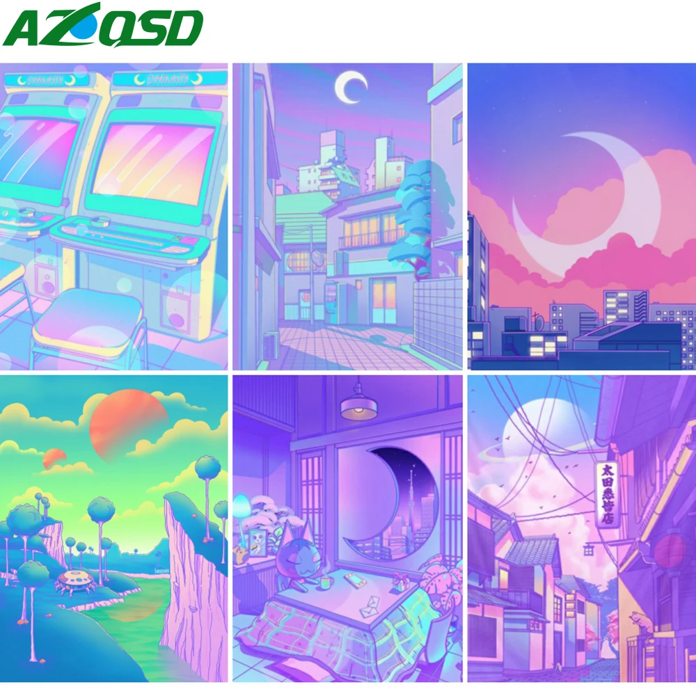 

AZQSD Full Drill Diamond Painting City Moon Street Cross Stitch Rhinestones Diamond Embroidery Landscape Mosaic Home Decor