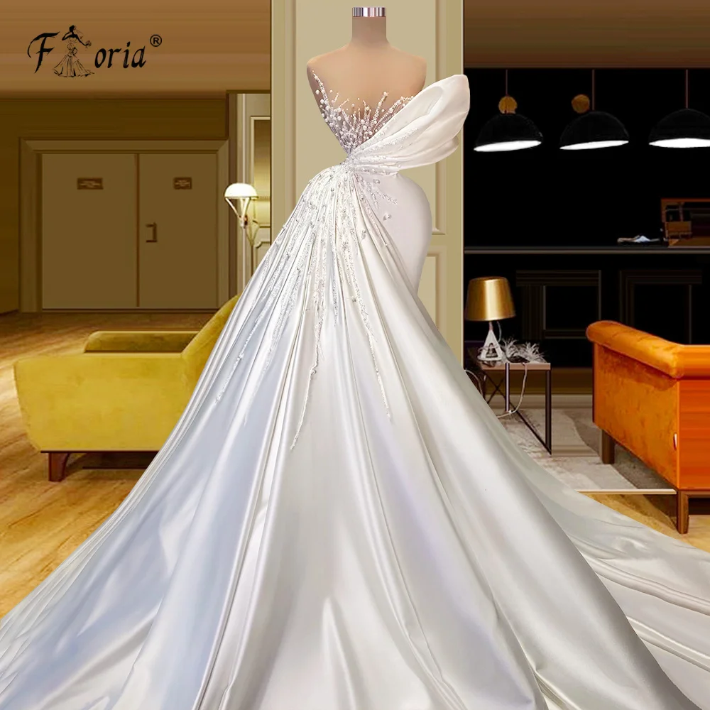 

Великолепное свадебное платье с прозрачным вырезом и жемчугом со съемным шлейфом без рукавов с бисером вечернее платье Robe De Mariage
