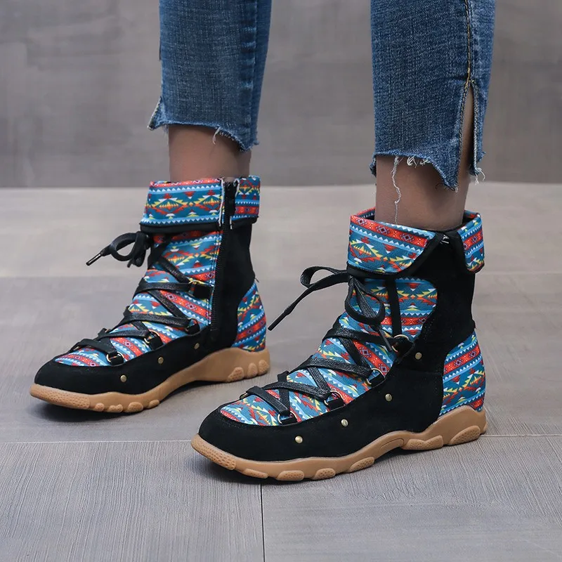 

Fashion 2021 spring and autumn embroidered women's boots bohemian round toe short boots women lace-up boots casual women's boots
