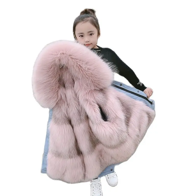 110-170CM Women s Winter Clothing Large Wool Collar Detachable Liner Girls  Imitation Fur Coat Thickened Parkas