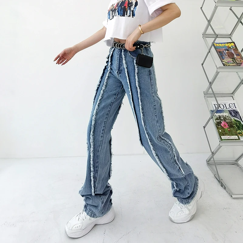 

Уличные джинсы, женские полосатые джинсы с завышенной талией, уличные брюки, повседневные Прямые брюки, прямые джинсы