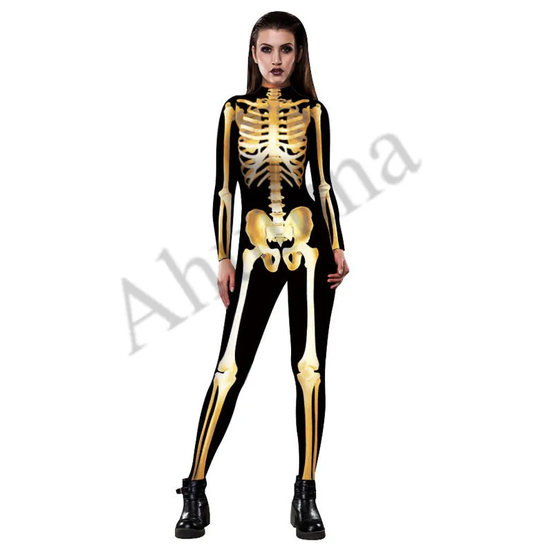Women Sexy Bodysuits Halloween Costumes For Girls 3D Skull Rose Printing Jumpsuits Punky Back Zipper Macacao Feminino C062 | Тематическая