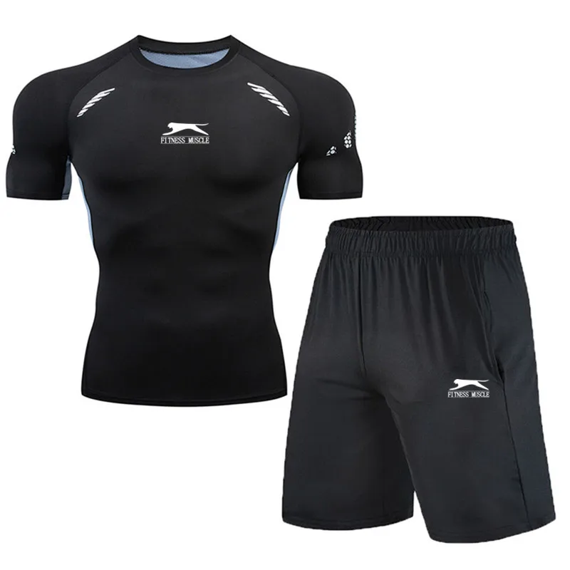

men compression set Running Tight Quick Dry fitness tshirt Leggings Gym Sport sets running short sleeve set sportswear