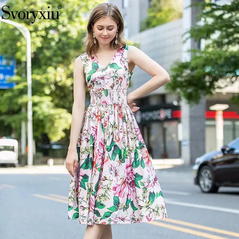 

Svoryxiu Fashion Designer Summer V-Neck Sleeveless Dress Women's Elastic Waist Flower Print Bohemian Holiday Dresses Female