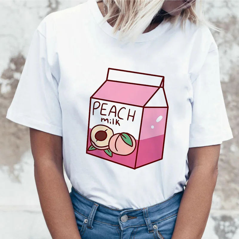 

Lovely girl style peach drink cartoon print women's T-shirt Harajuku fashion casual street loose kawaii short sleeves Tops