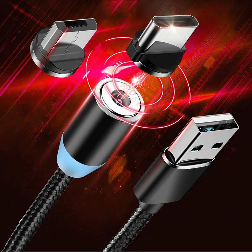 Jetjoy 360 ° Вращающийся Круглый Сильный магнитный светодиодный кабель Micro USB type C для быстрой зарядки нейлоновый Плетеный зарядный кабель для Android iPhone huawei