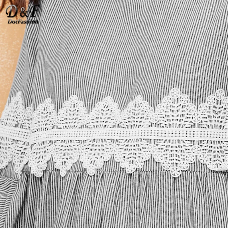 Dotfashion/повседневное кружевное платье с аппликацией, рукав-волан, женское платье, осень, 3/4, рукав А, ТРАПЕЦИЕВИДНОЕ ПЛАТЬЕ, женское платье в полоску с принтом Макси