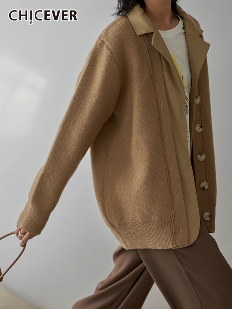 

CHICEVER поддельные два простых свитера для женщин Зубчатый свободный длинный рукав однобортный открытый стежок женский 2021 осенняя одежда нов...