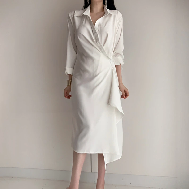GALCAUR корейское асимметричное белое платье для женщин воротник с лацканами