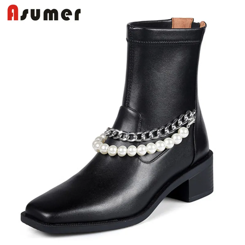 

Asumer 2022 Hot Sale Ankle Boots Women Shoes Genuine Leather +Stretch Pu Square Toe Chain Pearl Thick Heels Women Short Boots