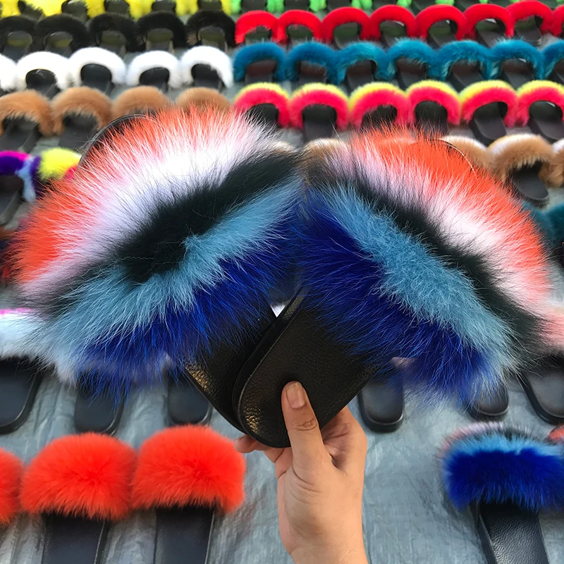 

Fur Slippers Sandals For Women Ladies Fluffy Flip flops Furry Slides Colorful 2021 Hot Sale