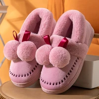 winter shoes for women warm fluffy slippers home cotton shoes indoor bedroom fur shoes men couple cute bowtie furry slippers