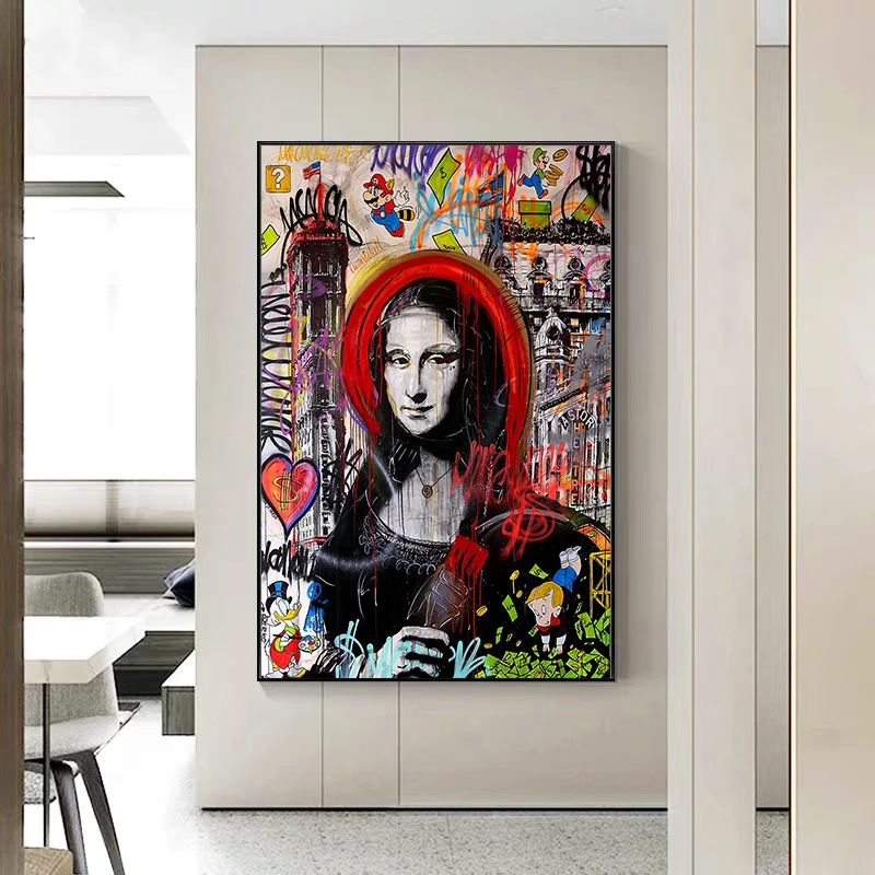 Современные граффити город смешная Мона Лиза абстрактные картины постеры в