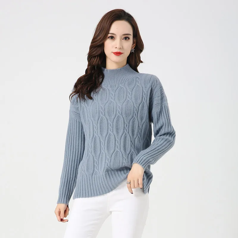Smoky blue LHZSYY Осень Зима женский свитер с воротником средней длины из чистого кашемира модный вязаный толстый пуловер теплый большой размер - Цвет: Smoky blue