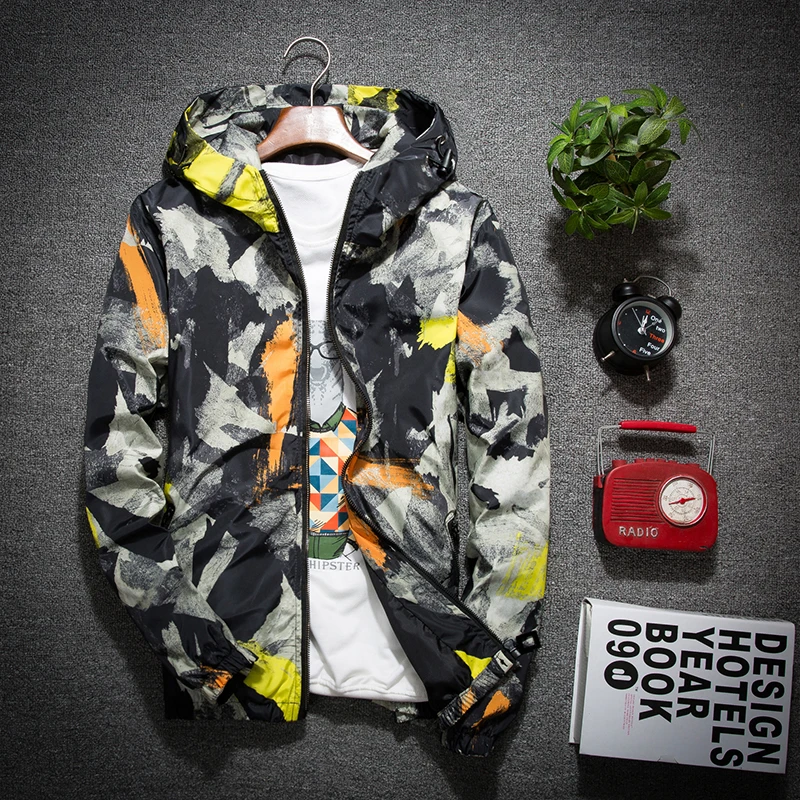 Куртка-бомбер мужская демисезонная с капюшоном и принтом | Мужская одежда