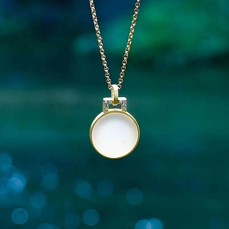 

Natural Hetian Jade White Jade round S925 Sterling Silver Pendant Stone Necklace Simple Retro Gilding Craft Clavicle Chain