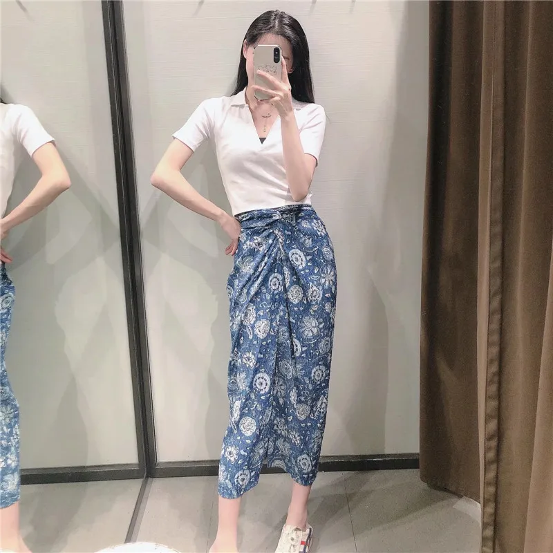 

PSEEWE Women Skirt 2021 Za Blue High Waist Long Skirt Women Fashion Textured Knot Summer Skirts Elegant Slit Pencil Woman Skirts