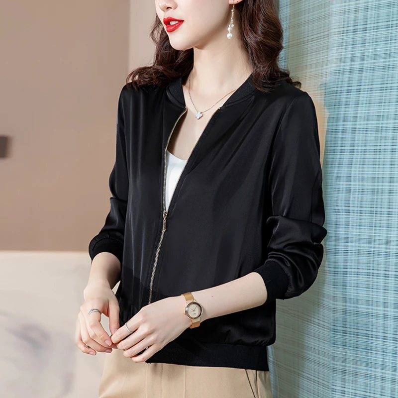 

2022 Корейская Летняя шелковая куртка, Женская Повседневная тонкая красная бейсбольная куртка на молнии с длинным рукавом, верхняя одежда