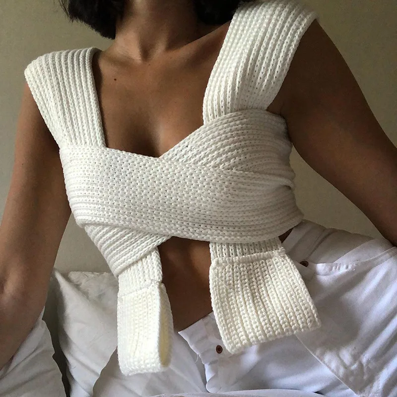 Momoland Crossed Knitted Vest Back Halter Crop Top For Women Girls Summer Slim Tank Top Vintage Bandage Top Clubbing Outfit