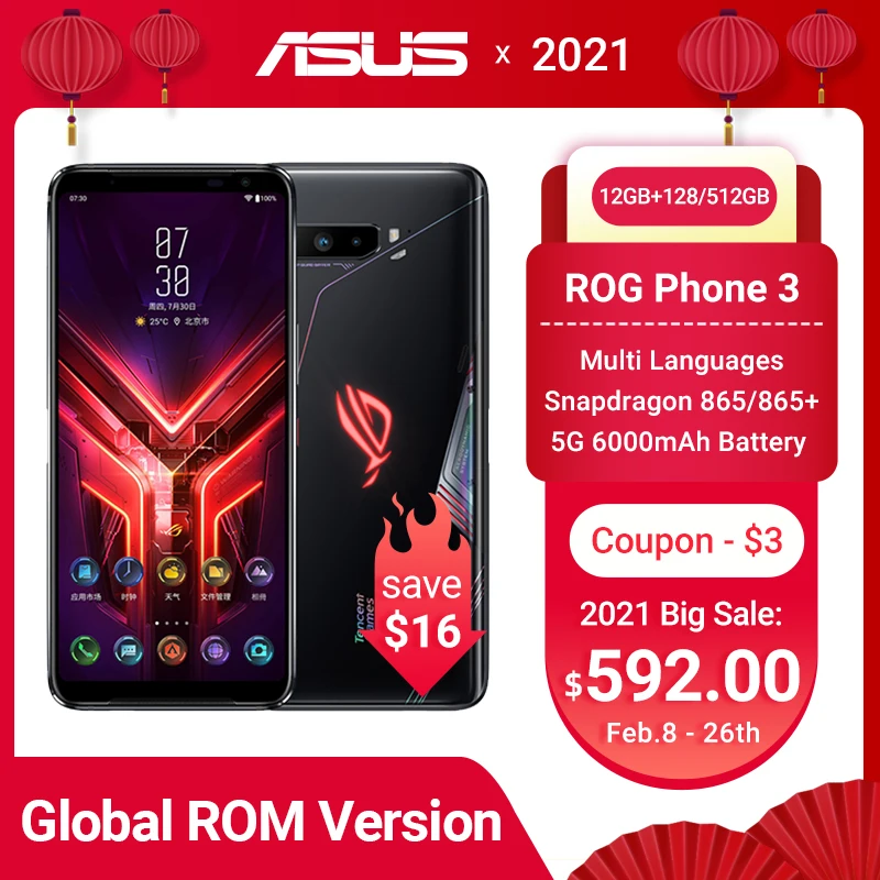 Перейти на Алиэкспресс и купить Глобальный Встроенная память ASUS ROG 3 телефона 5G игровой телефон Snapdragon 865/865 плюс 6000 мА/ч, 144 Гц FHD + безрамочный экран AMOLED Android Q NFC ROG3 5G смартфон