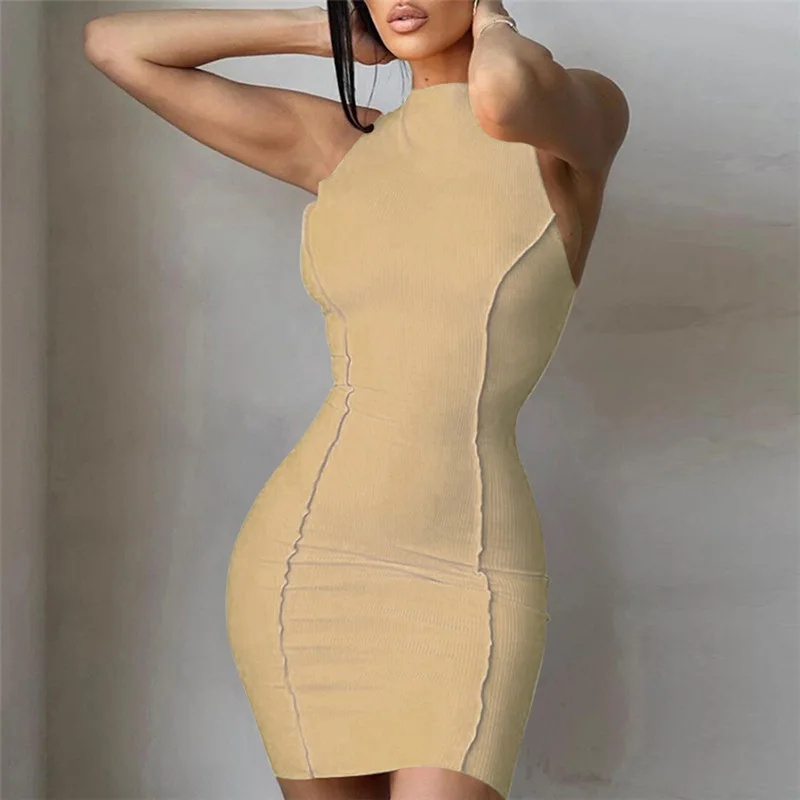 

Summer Women Sleeveless Solid High neck Casual Sexy Bodycon Mini Dresses Club Party Slim Dresses Sheath Above Knee Streetwear