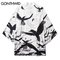 gonthwid mens raven crow bird print japanese kimono cardigan jacket tops shirts streetwear harajuku hip hop casual loose coats