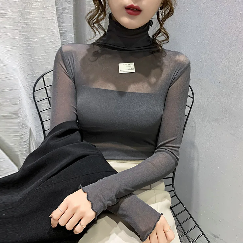 

New Elegant Fashion Women Spring Autumn Sexy Elastic Translucent Mesh Skinny Bottoming T Shirt Lady Long Sleeve T-Shirt Tops