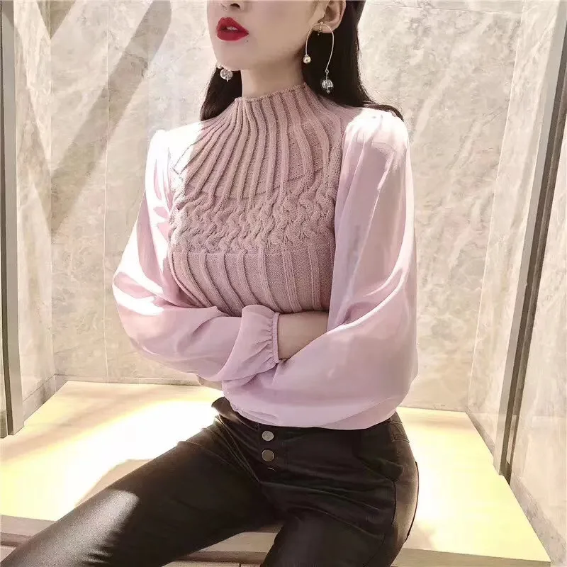 ALPHALMODA осень-зима модный свитер со жгутами фонарь длинный рукав шифон пэчворк повседневные женские пуловеры вязаный джемпер