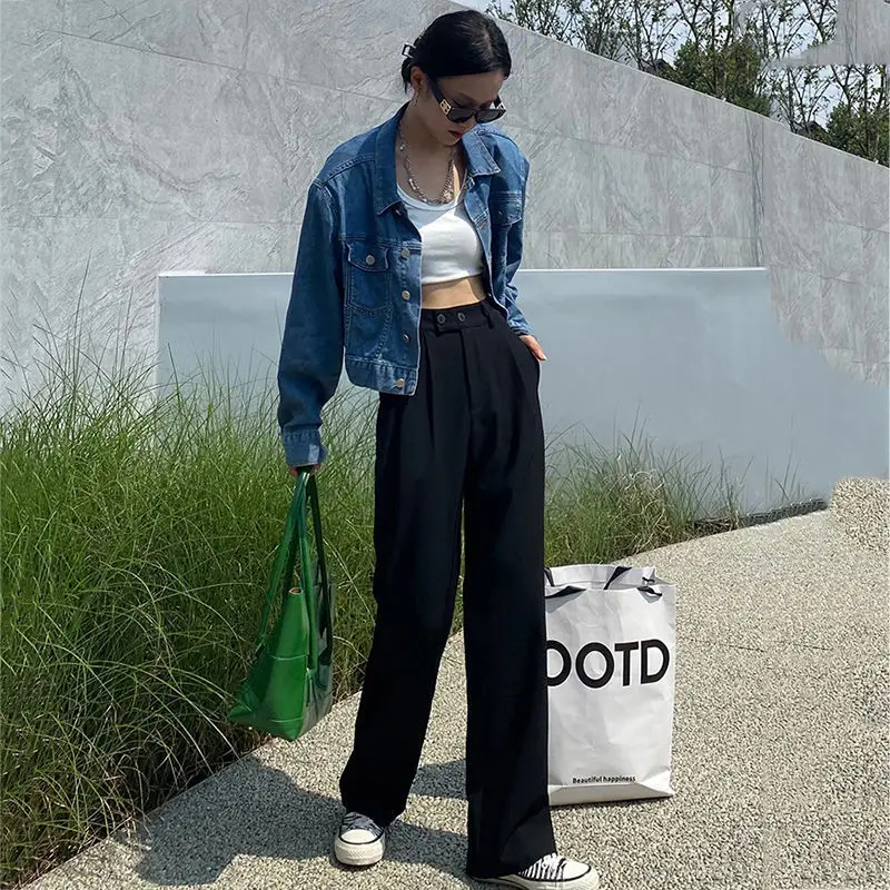 

Черные широкие женские классические Костюмные брюки HOUZHOU, винтажные офисные Элегантные повседневные коричневые брюки с высокой талией