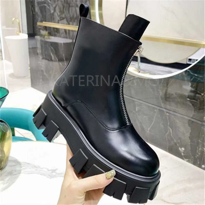 

Luxury Brand Platform Ankle Boots Women Fashion British Style Martin Boots Genuine Leather Round Toe Zipper Leather Short Boots