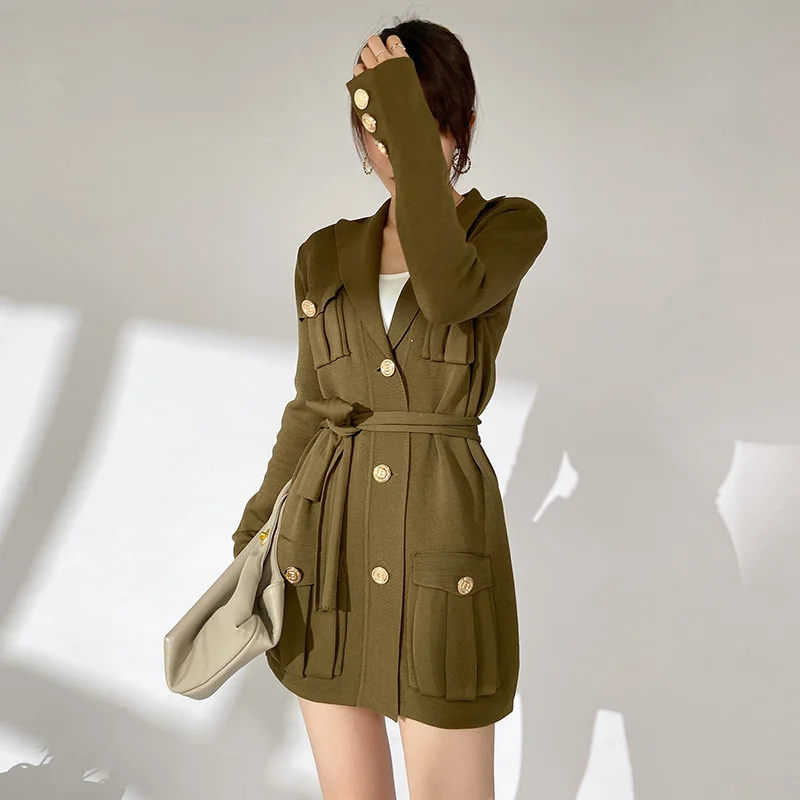 

Handsome British style handsome autumn winter long sleeve inside with thin knitted dress coat Lin