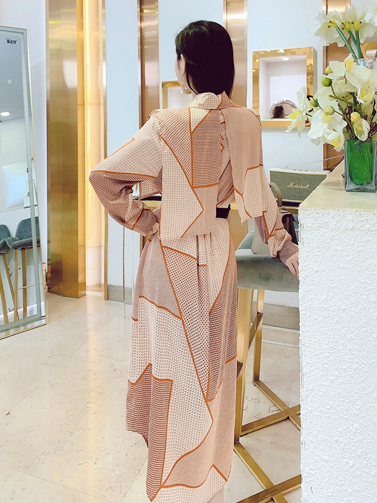 Robe rétro à manches longues pour femme, vêtement à motif géométrique, taille haute, tenue de bureau, nouvelle collection automne 2020